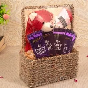 TIED RIBBONS Valentine Day Gift for Girlfriend Wife Sister - Valentines Gift Pack (Teddy Bear, Artificial Rose, Dairy Milk Chocolates, Basket)